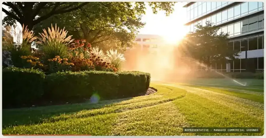 Cumberland concept: a golden-hour view of managed commercial grounds beside an office building